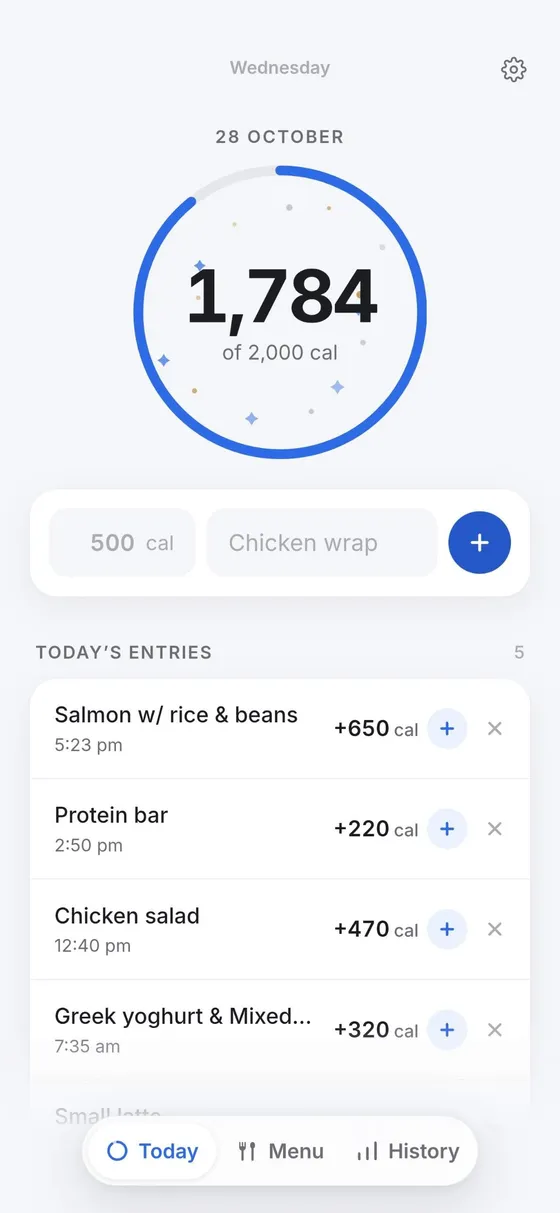 Tally Today screen showing calorie progress and food entries