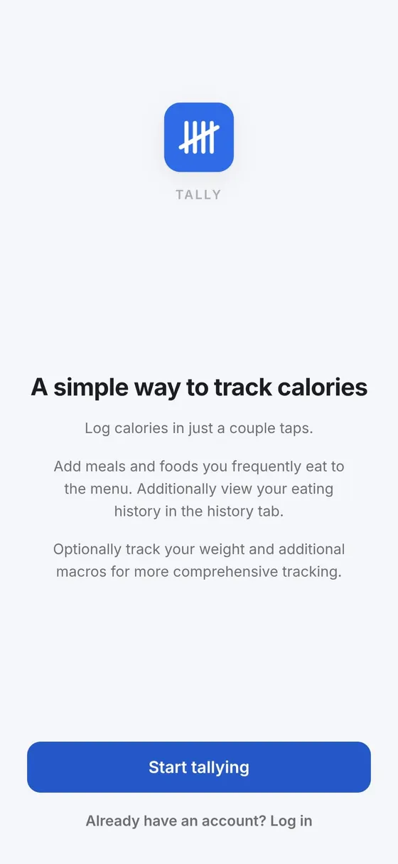 Tally welcome screen introducing simple calorie tracking
